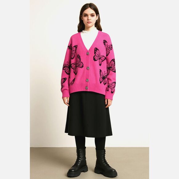 Y2K Runway Pink Butterfly Oversized Sweater Intarsia Knit Pullover Cute Sz. M - Picture 2 of 6